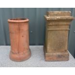 Two terracotta chimney pots large crack to one- largest measures approx 65 cm tall by 32 cm wide