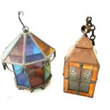 2 Vintage wall hanging lanterns includes copper and stained glass and led