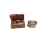 Vintage apothacary brass weight set in a small mahogany case, Vintage George VI metal post office