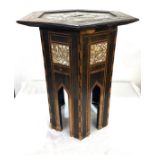 Hexagonal inlaid table, inlaid with abalone, damage to the top, measures approximately 20 inches