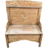 Vintage pine settle, approximate height 124cm, Width 100cm, depth 47cm