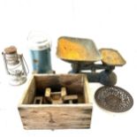 Selection of metal ware includes scales tilly lamps etc
