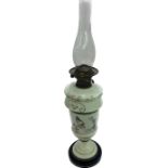 Antique hand painted glass oil lamp with funnel, no shade, total height 69cm tall