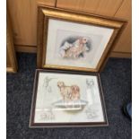 2 Framed golden retriever prints, one limited edition frame measures approximately 18 inches tall 17