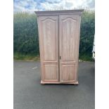 Large lime wash pine wardrobe measures approximately 75 inches tall by 46 inches wide and 26