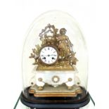 Ormolu 2 keyhole mantel clock under glass dome with key, approximate measurements: Width 14.5