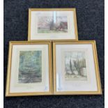 Three framed signed watercolours BY C.J Thornton- ' The Trannon' 'Leire Barn' and ' The artists