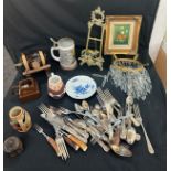 Selection of miscellaneous to include brass sheet stand, cutlery, german stein etc