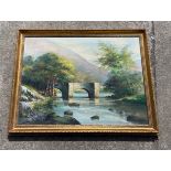 Signed gilt framed oil on board ingle bridge dart moor, frame measures approximately