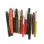 Selection of 12 vintage and later fountain pens includes Osmirold, Parker Duo fold etc