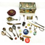 Selection of small collectables to include vintage tin, tape measure, badges etc