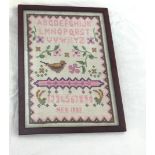 Framed small sampler initialed MEB 1982, approximate measurements: Height 14 inches, Width 11
