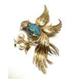 9ct gold opal doublet & pearl bird of paradise brooch measures approx 6cm by 5cm weight 9.4g