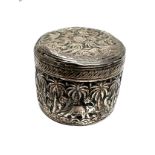 Indian silver lidded circular box measures approx 6cm dia height 5cm