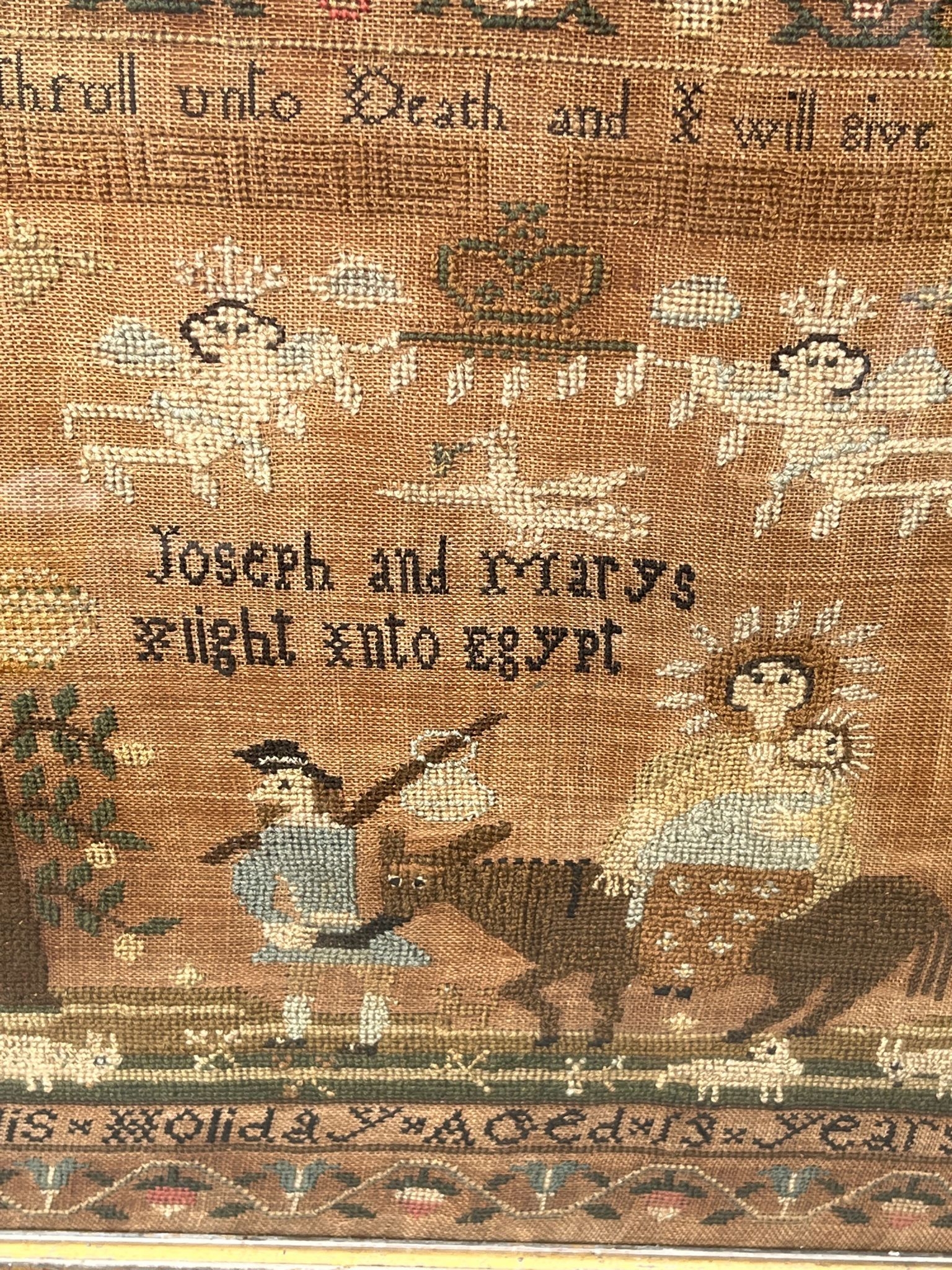 George 111 embroidery sampler of mary & josephs flight to egypt by ellis holiday aged 13 years - Image 7 of 8