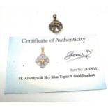 Certificated 9ct gold Amethyst & sky blue Topaz pendant C.O.A
