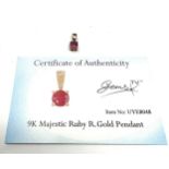 Certificated 9ct gold Majestic Ruby pendant C.O.A