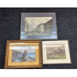 2 framed original watercolours and a street scene print, approximate measurements of largest: 22 x