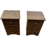 Pair of three drawer pine bedsides measures approx 27.5 inches tall by 19 inches wide and 17