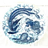 Large Oriental dragon detail blue and white bowl, approximate measurements: 11 inches in diameter