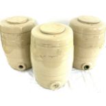 3 earthenware barrels with lids, approximate height 14.5 inches