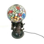 Vintage Tiffany style stained glass ball cherub angle lamp measures approx 17 inches tall