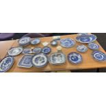 Large selection of blue and white pottery includes old willow, masons, meat plates etc