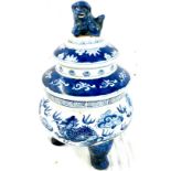 Vintage oriental blue and white 3 legged lidded vase, approxiamte overall height 13 inches, A/F