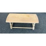 Washed oak carved coffee table measures approx 17 inches tall by 42 inches wide and 17 inches deep