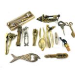 Selection of vintage and later novelty bottle openers and nut crackers includes brass etc