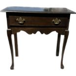 Oak one drawer Queen Anne hall table measures approx 27 inches tall by 29 inches wide and 16