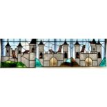 Three antique stained glass art deco windows with castle and rats decoration Width 29 inches, by