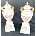 Pair china lidded urns, approximate height of each 18 inches, together with pair wooden corner