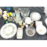 Selection vintage small pyrex dishes, liqueur glasses, ashtray, vintage French glass, water jug, etc