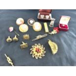 Collection of cameo brooches, cufflinks, bar brooches etc