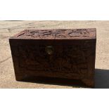 Heavily carved oriental blanket box measures approx 24 inches tall by 41 inches wide and 20 inches