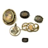 Victorian black garnet mourning brooch possibly 9ct gold, along with a selection of other antique