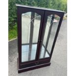 2 Door mahogany display cabinet with drawer 54 inches tall 14.5 inches depth 32 inches wide