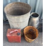 Galvanised bin with handles, stainless steel milk churn, a petrol can and a golf ball bucket with