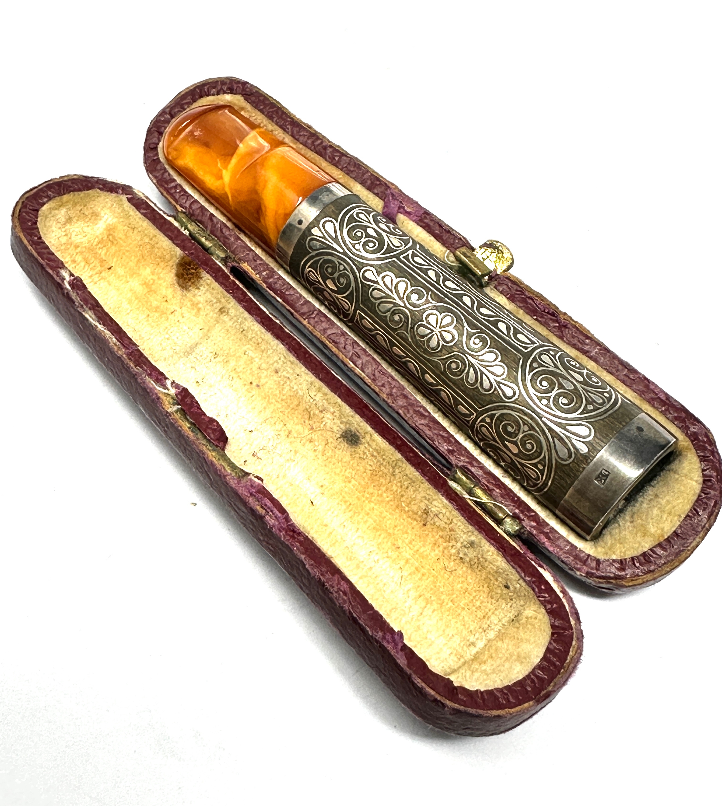 Cased antique silver & amber cheroot holder