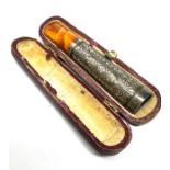 Cased antique silver & amber cheroot holder