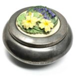 925 silver hallmarked lidded bowl with floral pottery insert measures approx 9cm dia chips to floral