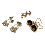 3 x 9ct gold drop earrings inc. bell, anchor & rocking horse (2g)