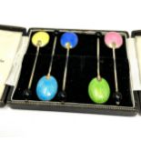 Boxed 5 antique silver & enamel tea spoons