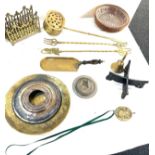 Selection of assorted metal ware includes bell, companions etc