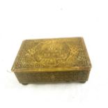 Vintage Oriental small brass musical box, approximate measurements Height 2 inches, width 5