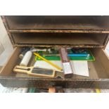 small 3 drawer storage box with contents of craft items including starter kits, paint brushes etc