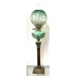 Victorian brass column green oil with funnel and shade, hand painted design