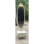 Cream and gilt 1 drawer cheval mirror measures approximately 65 inches tall
