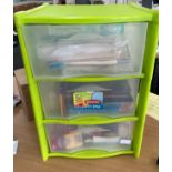Three drawer plastic chest including printing paper, photo paper, ink paper, markers, pens etc